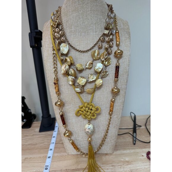 None Jewelry - Vintage Multilayer Gold & Yellow Beaded Necklaces With Tassel , Set of Four